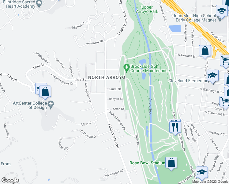 map of restaurants, bars, coffee shops, grocery stores, and more near 1180 Laurel St in Pasadena