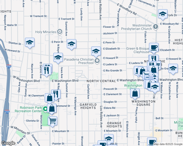 map of restaurants, bars, coffee shops, grocery stores, and more near 1401 North Los Robles Avenue in Pasadena