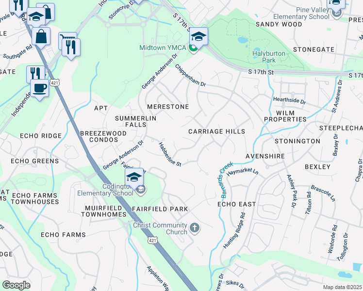 map of restaurants, bars, coffee shops, grocery stores, and more near 1009 Steeplechase Road in Wilmington