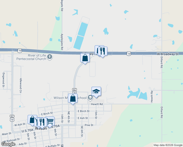 map of restaurants, bars, coffee shops, grocery stores, and more near 201 U.S. 70 Alternate in Wilson