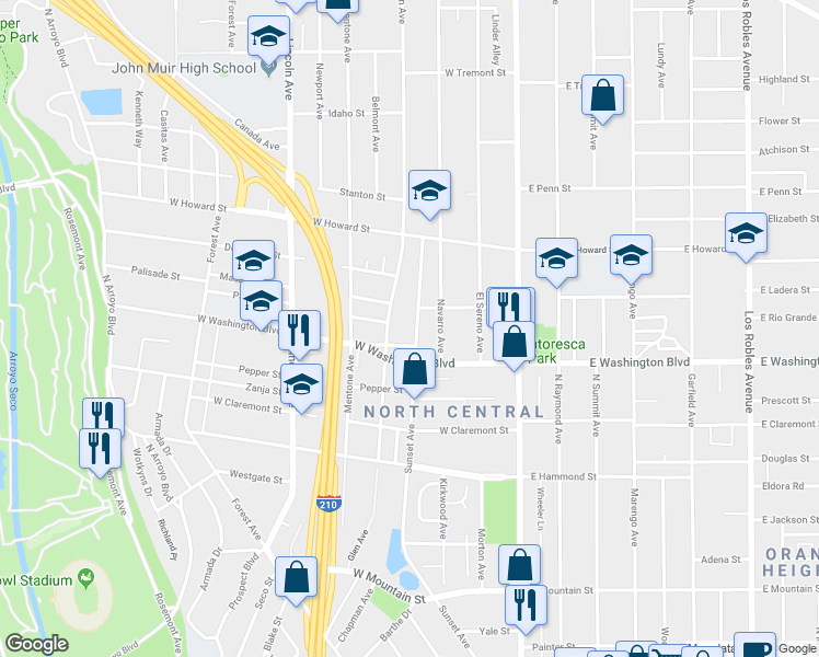 map of restaurants, bars, coffee shops, grocery stores, and more near 1407 Sunset Avenue in Pasadena