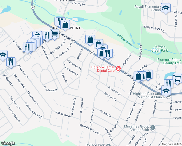 map of restaurants, bars, coffee shops, grocery stores, and more near 1818 West Higgins Street in Florence