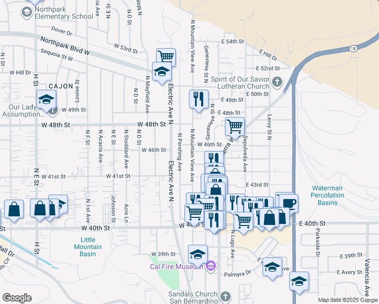 map of restaurants, bars, coffee shops, grocery stores, and more near 4558 North Mountain View Avenue in San Bernardino