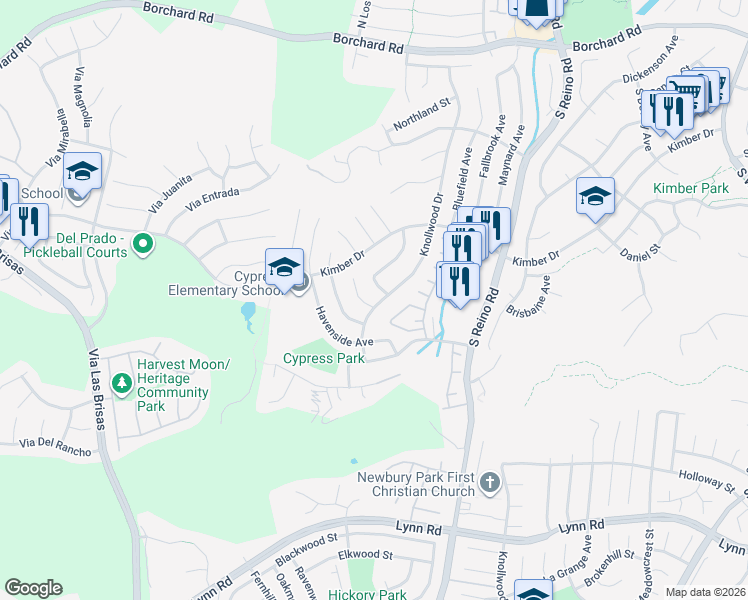 map of restaurants, bars, coffee shops, grocery stores, and more near 490 Delwood Court in Thousand Oaks