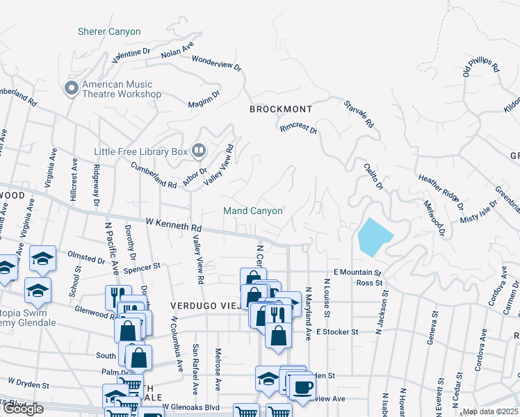map of restaurants, bars, coffee shops, grocery stores, and more near 165 Cumberland Road in Glendale