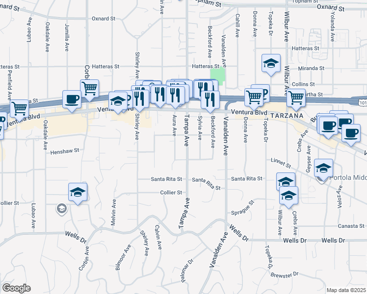 map of restaurants, bars, coffee shops, grocery stores, and more near 5433 Tampa Avenue in Los Angeles