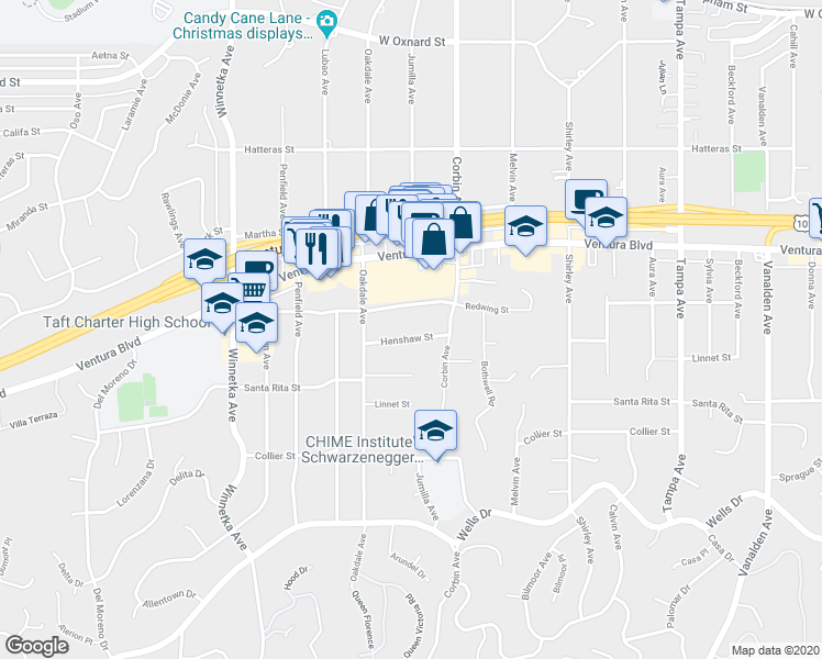 map of restaurants, bars, coffee shops, grocery stores, and more near 19739 Henshaw Street in Los Angeles