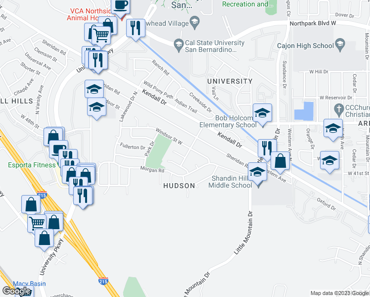 map of restaurants, bars, coffee shops, grocery stores, and more near 1505 Windsor Street West in San Bernardino