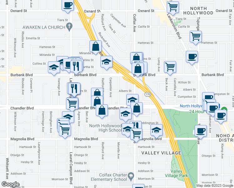map of restaurants, bars, coffee shops, grocery stores, and more near 5445 Morella Avenue in Los Angeles