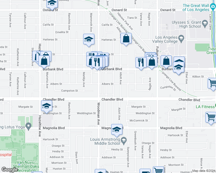 map of restaurants, bars, coffee shops, grocery stores, and more near 5450 Buffalo Avenue in Los Angeles