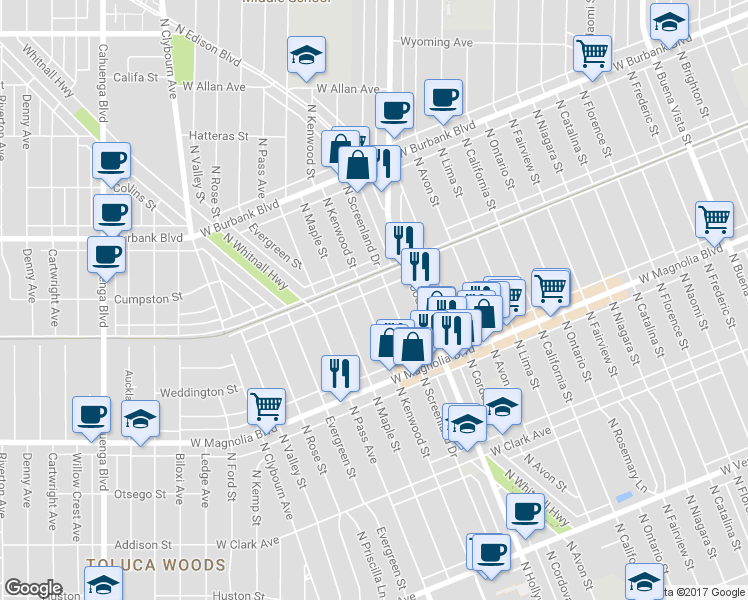 map of restaurants, bars, coffee shops, grocery stores, and more near in Burbank