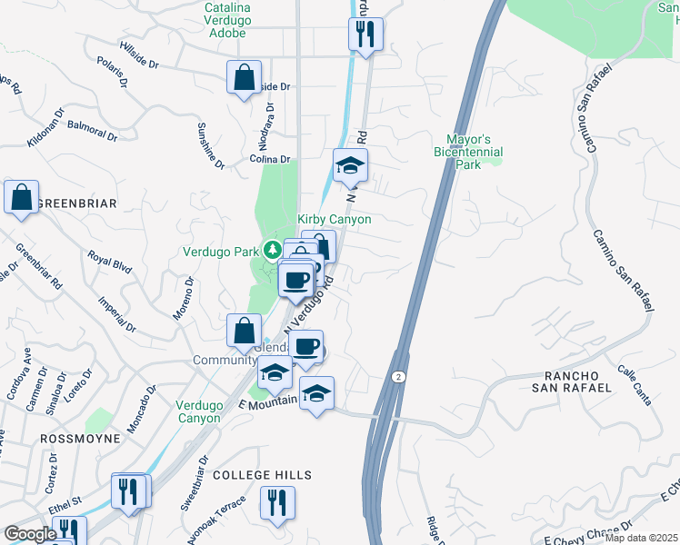 map of restaurants, bars, coffee shops, grocery stores, and more near 1570 North Verdugo Road in Glendale