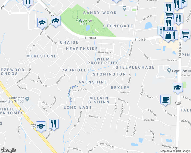 map of restaurants, bars, coffee shops, grocery stores, and more near 4300 Prescott Court in Wilmington