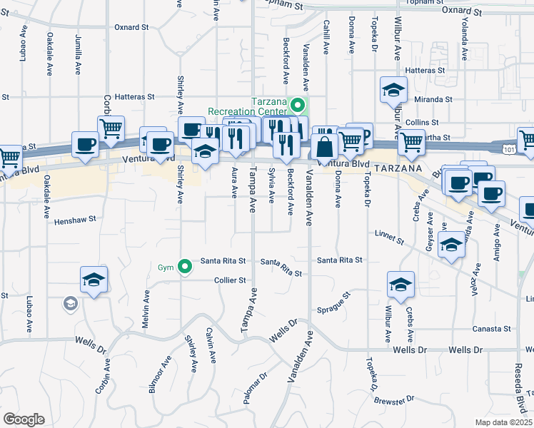 map of restaurants, bars, coffee shops, grocery stores, and more near 5433 Sylvia Avenue in Los Angeles