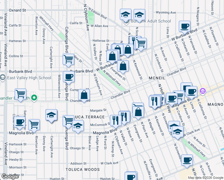 map of restaurants, bars, coffee shops, grocery stores, and more near 1216 North Valley Street in Burbank