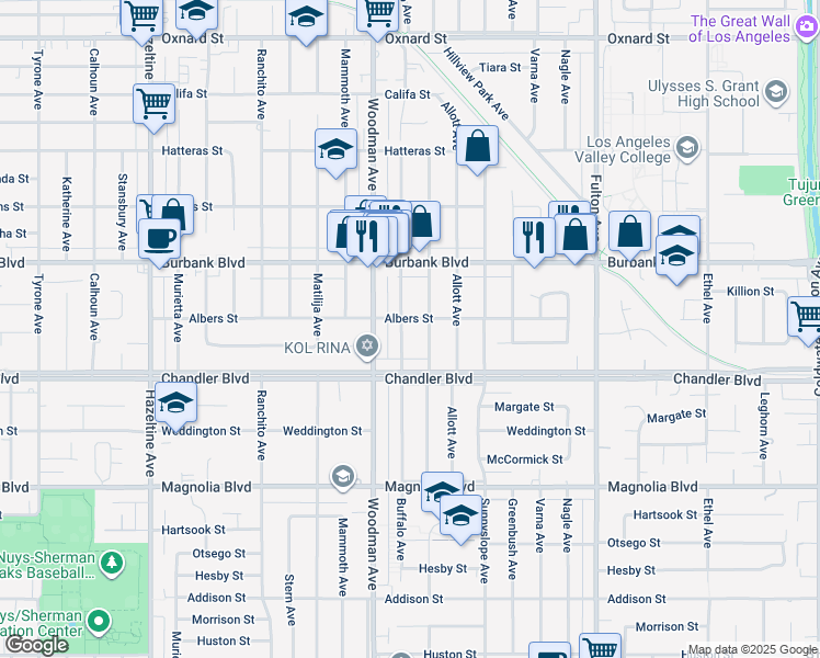 map of restaurants, bars, coffee shops, grocery stores, and more near 5450 Buffalo Avenue in Los Angeles
