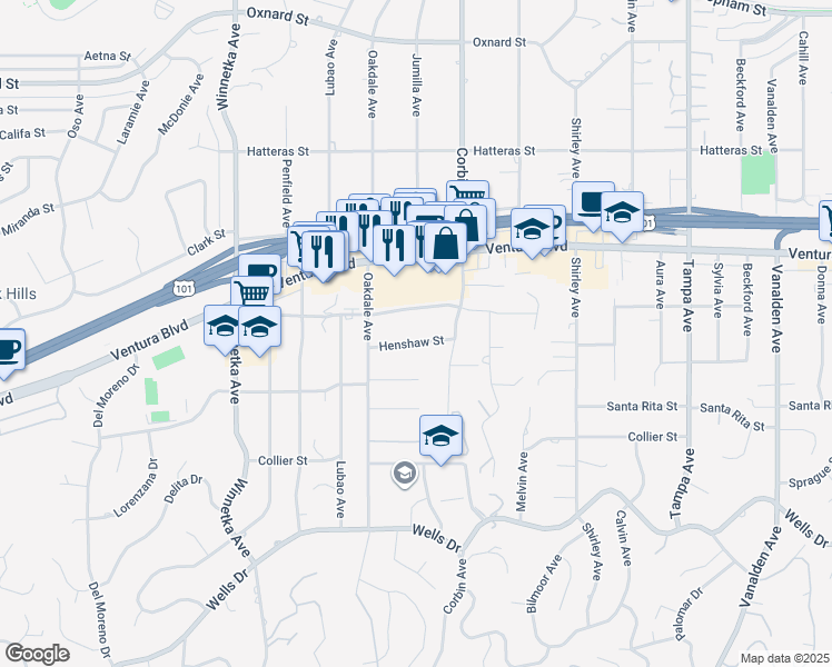 map of restaurants, bars, coffee shops, grocery stores, and more near 19739 Henshaw Street in Los Angeles