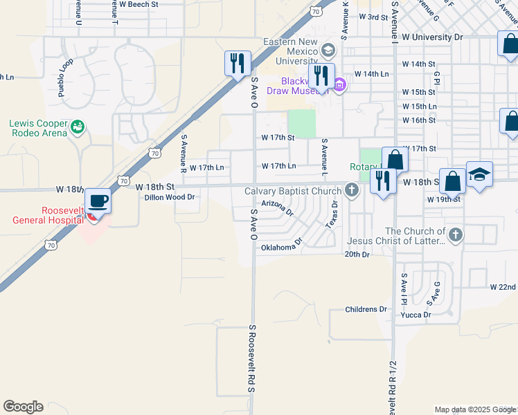 map of restaurants, bars, coffee shops, grocery stores, and more near 1509 Arizona Drive in Portales
