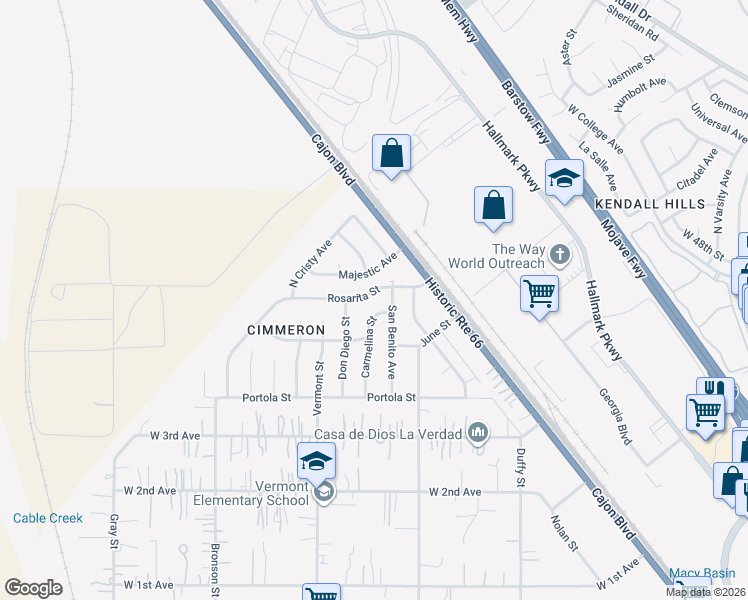 map of restaurants, bars, coffee shops, grocery stores, and more near 2715 Rosarita Street in San Bernardino