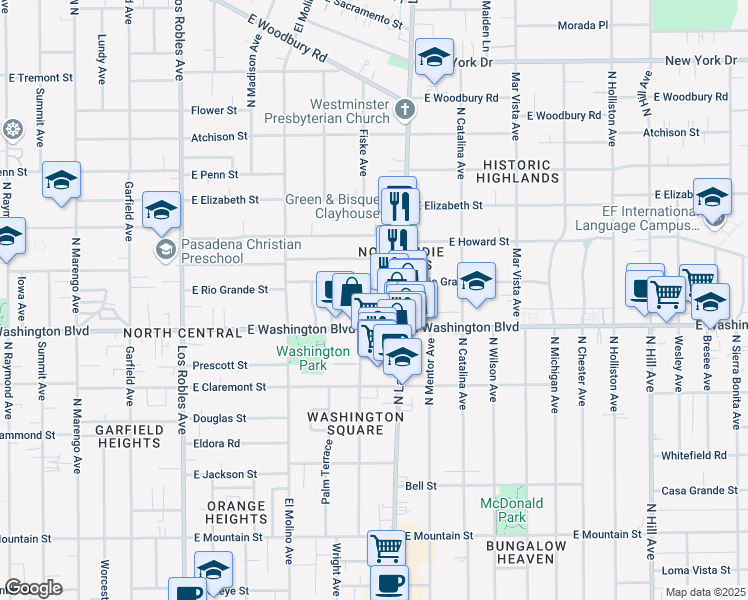 map of restaurants, bars, coffee shops, grocery stores, and more near 815 East Washington Boulevard in Pasadena