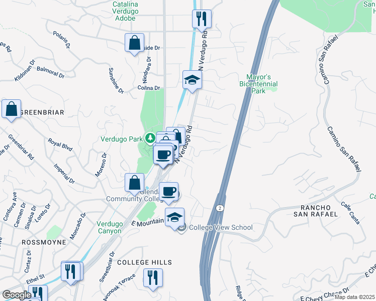 map of restaurants, bars, coffee shops, grocery stores, and more near 1570 North Verdugo Road in Glendale