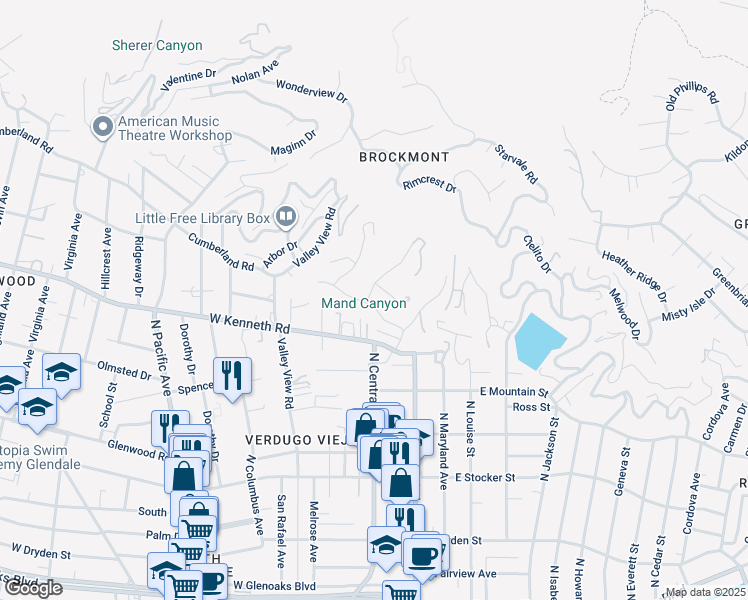 map of restaurants, bars, coffee shops, grocery stores, and more near 165 Cumberland Road in Glendale