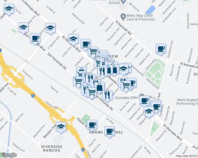 map of restaurants, bars, coffee shops, grocery stores, and more near 1049 Winchester Avenue in Glendale