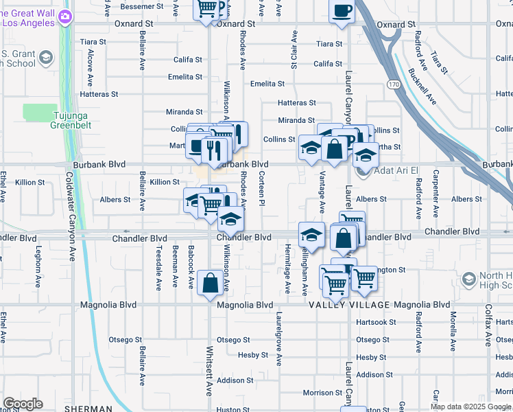 map of restaurants, bars, coffee shops, grocery stores, and more near 5445 Corteen Place in Los Angeles