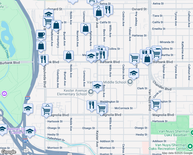 map of restaurants, bars, coffee shops, grocery stores, and more near 5451 Kester Avenue in Los Angeles