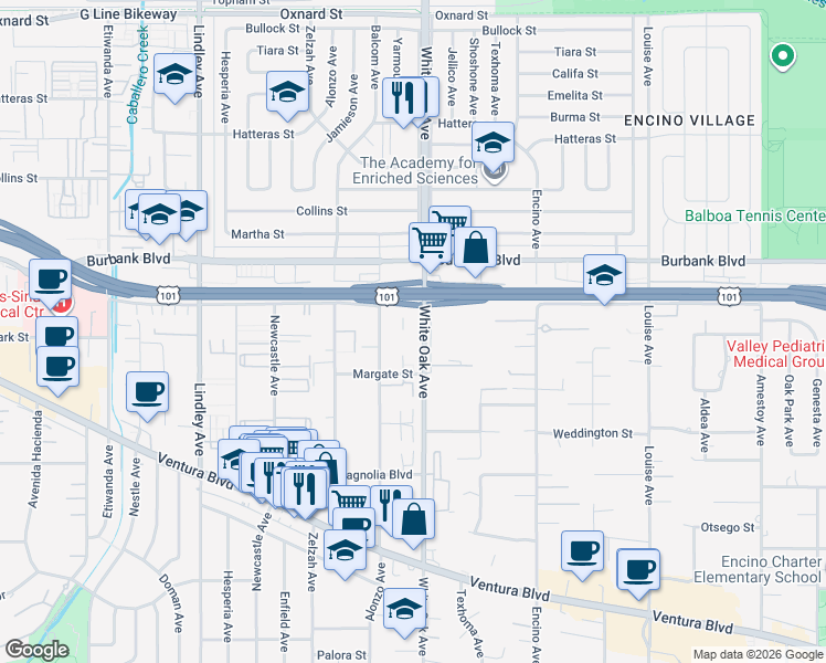 map of restaurants, bars, coffee shops, grocery stores, and more near 5447 White Oak Avenue in Los Angeles