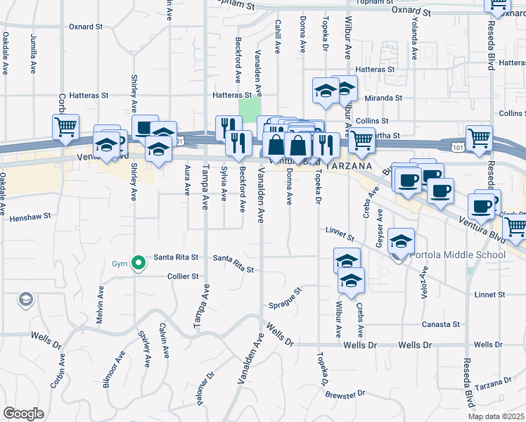 map of restaurants, bars, coffee shops, grocery stores, and more near in Los Angeles