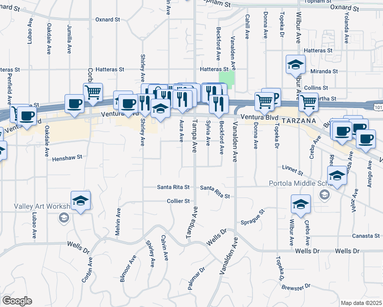 map of restaurants, bars, coffee shops, grocery stores, and more near 5433 Tampa Avenue in Los Angeles