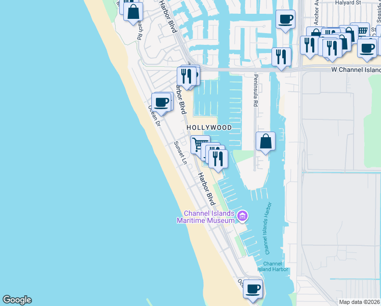 map of restaurants, bars, coffee shops, grocery stores, and more near 3334 Harbor Boulevard in Oxnard
