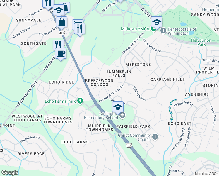 map of restaurants, bars, coffee shops, grocery stores, and more near 4119 Breezewood Drive in Wilmington