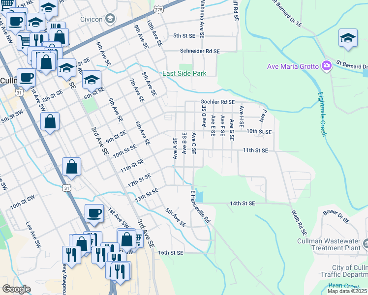map of restaurants, bars, coffee shops, grocery stores, and more near 1016 Avenue A Southeast in Cullman