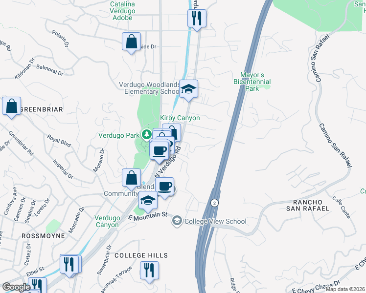 map of restaurants, bars, coffee shops, grocery stores, and more near 1570 North Verdugo Road in Glendale