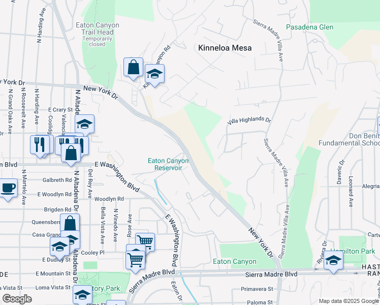 map of restaurants, bars, coffee shops, grocery stores, and more near 2905 New York Drive in Pasadena
