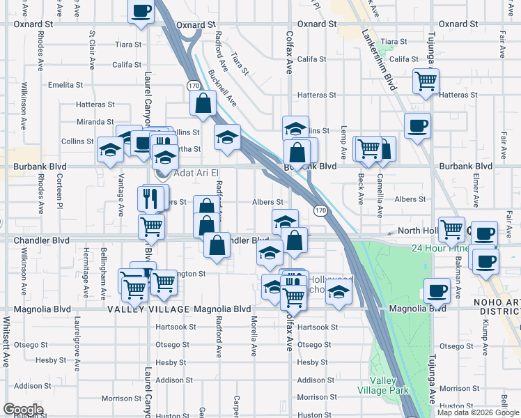 map of restaurants, bars, coffee shops, grocery stores, and more near 5444 Morella Avenue in Los Angeles