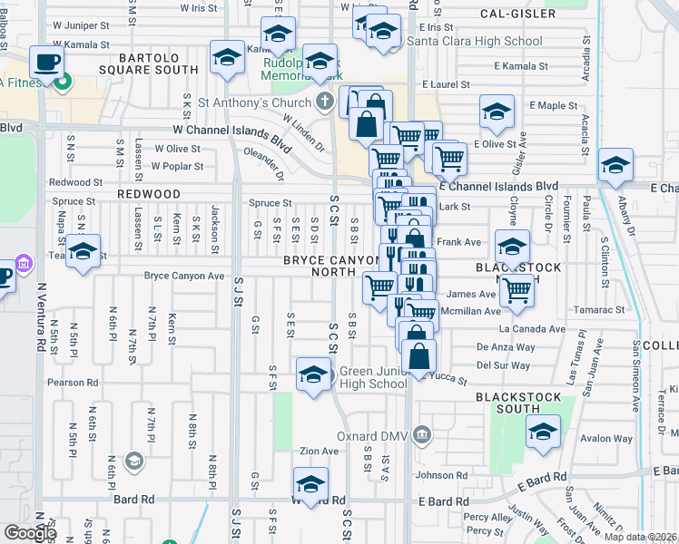 map of restaurants, bars, coffee shops, grocery stores, and more near 331 Bryce Canyon Avenue in Oxnard