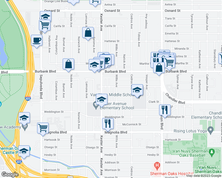 map of restaurants, bars, coffee shops, grocery stores, and more near 5450 Bevis Avenue in Los Angeles
