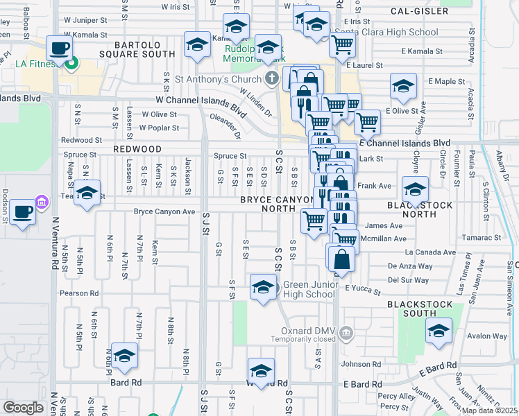 map of restaurants, bars, coffee shops, grocery stores, and more near 447 Bryce Canyon Avenue in Oxnard