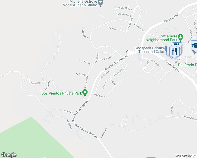 map of restaurants, bars, coffee shops, grocery stores, and more near 5315 Via Dolores in Thousand Oaks