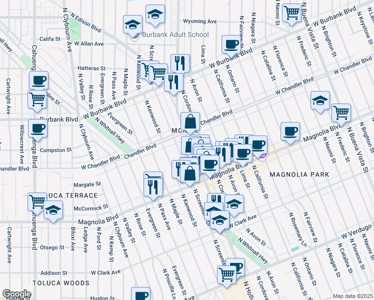 map of restaurants, bars, coffee shops, grocery stores, and more near 1117 North Hollywood Way in Burbank