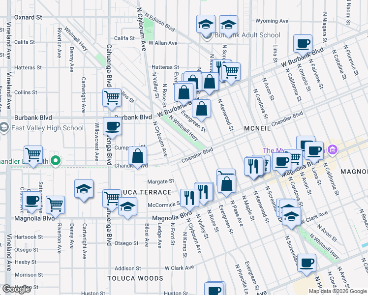 map of restaurants, bars, coffee shops, grocery stores, and more near 1216 North Valley Street in Burbank