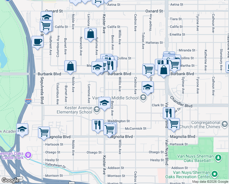 map of restaurants, bars, coffee shops, grocery stores, and more near 5450 Bevis Avenue in Los Angeles