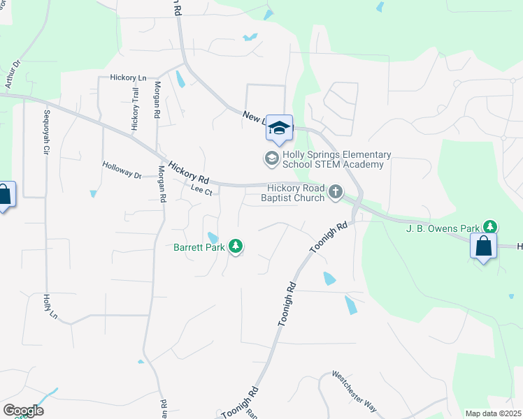 map of restaurants, bars, coffee shops, grocery stores, and more near 308 Apache Drive in Holly Springs