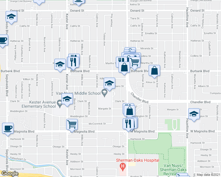 map of restaurants, bars, coffee shops, grocery stores, and more near 5473 Vesper Avenue in Los Angeles