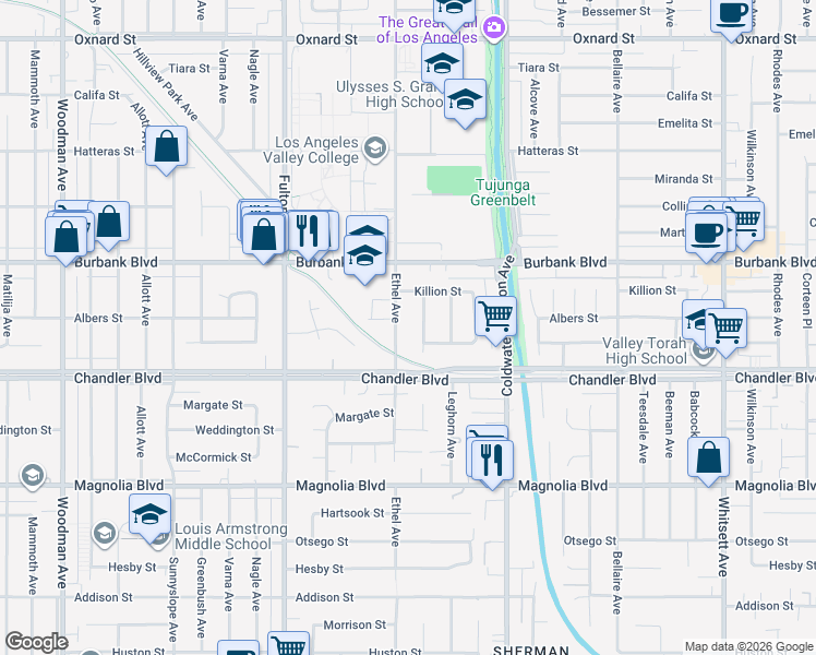 map of restaurants, bars, coffee shops, grocery stores, and more near 5450 Ethel Avenue in Los Angeles