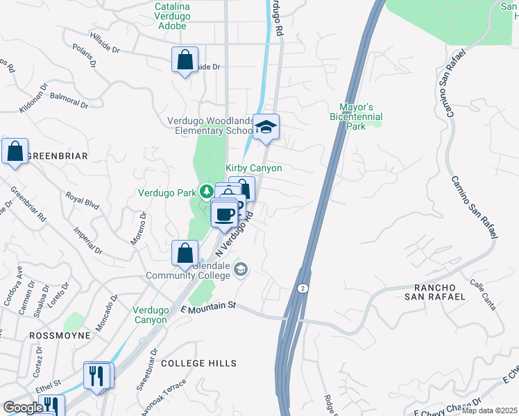 map of restaurants, bars, coffee shops, grocery stores, and more near 1570 North Verdugo Road in Glendale
