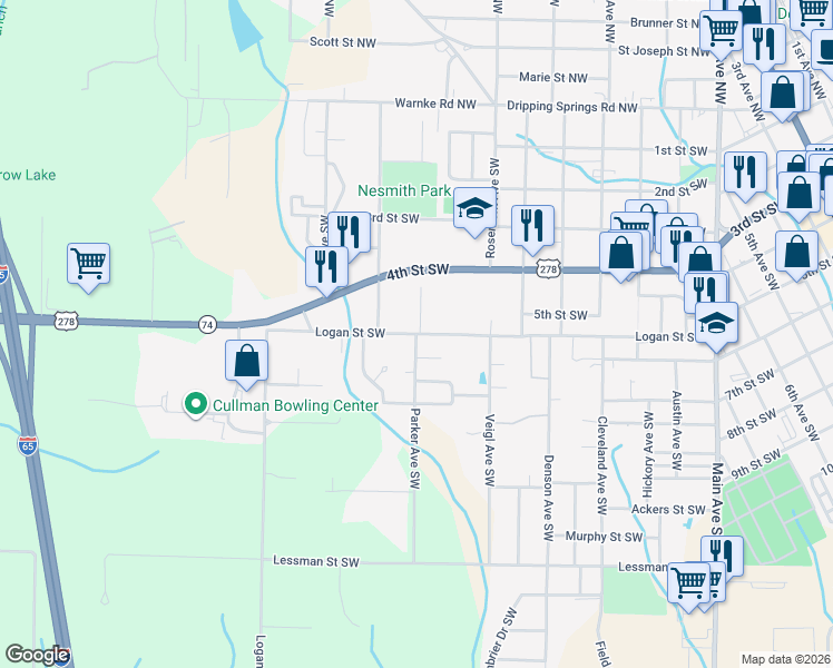 map of restaurants, bars, coffee shops, grocery stores, and more near 1524 Logan St SW in Cullman